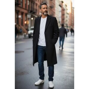 MAJER Mens 100% Cashmere Black Full Length Overcoat Top Coat Size L